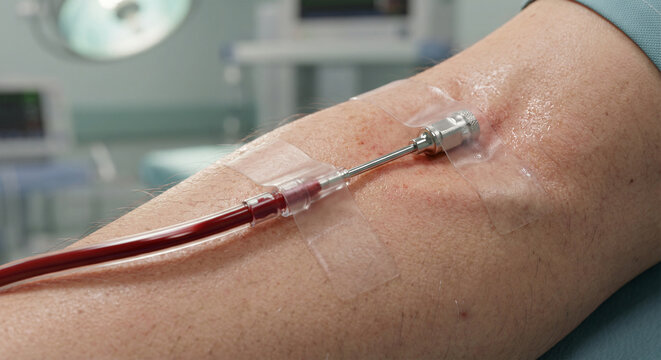 Intravenous access in a patient's arm during a medical procedure, showcasing blood flow through a cannula and tubing, emphasizing healthcare and treatment