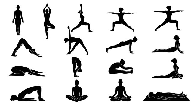 Silhouette Yoga Poses Collection Vector, Black  White Glyph Art