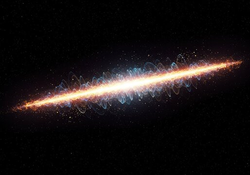 Digital representation of subatomic energy interaction, showing complex quantum probability waves flowing through an infinite, dark theoretical space, interaction, purple, science