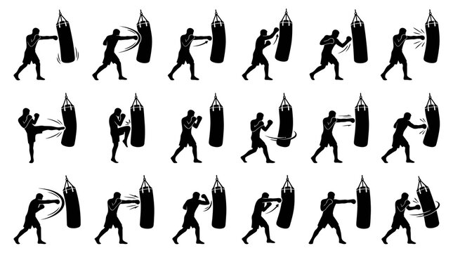 Combat Sports Training Silhouettes - Boxers  Kickboxers with Punching Bags Vector Set