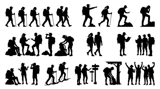 Hiking  Outdoor Adventure People Silhouette Vector Icons Set