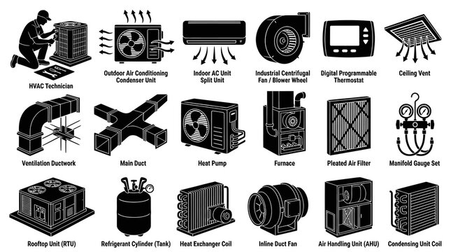 HVAC Industry Black  White Solid Glyph Icons Set - Heating, Ventilation, Air Conditioning Equipment