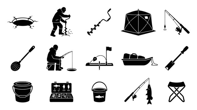 Ice Fishing Equipment Icons Black and White Vector