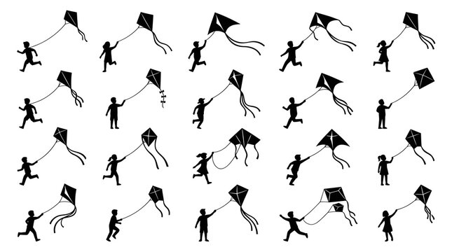 Black and white vector illustration of children flying kites