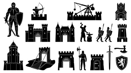 Obraz premium Medieval Castle and Knight Icons, Black White Glyph Art