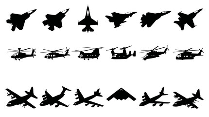 Fototapeta premium Black Silhouette Military Aircraft and Helicopters Vector Set