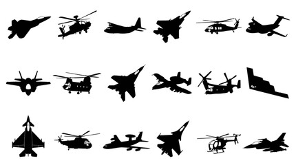 Fototapeta premium Military Aircraft Silhouettes Vector Icons - Aviation Fighter Jets Helicopters