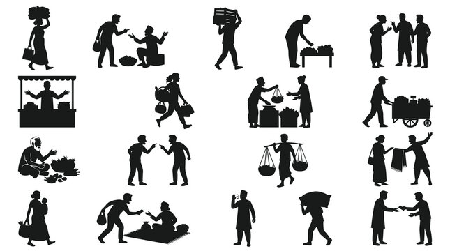 Market Vendors  Customers Silhouette Vector Icon Set - Commerce  Trade Scenes
