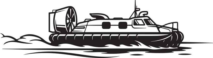 Obraz premium Hovercraft, air cushion vehicle, vector illustration, black and white