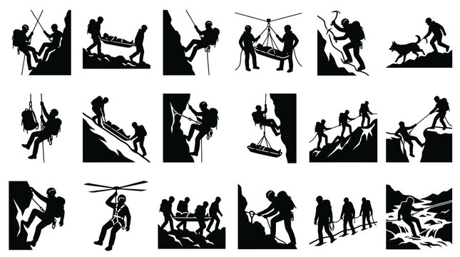 Outdoor Adventure  Emergency Mountain Rescue Silhouettes Vector Icons