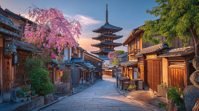 Tranquil old town street with pink cherry blossoms and historic pagoda in Japan