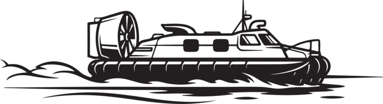 Hovercraft, air cushion vehicle, vector illustration, black and white