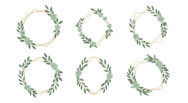 Set of six elegant geometric frames in circle, diamond, and hexagon shapes decorated with green leaves and soft mint flowers.