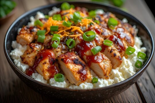bbq chicken cottage cheese bowl topped with cheddar and scallions
