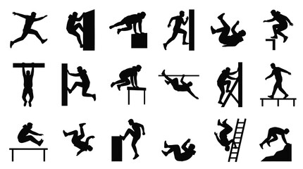 Obraz premium Urban Fitness Parkour People Movement Silhouette Icons Vector Set