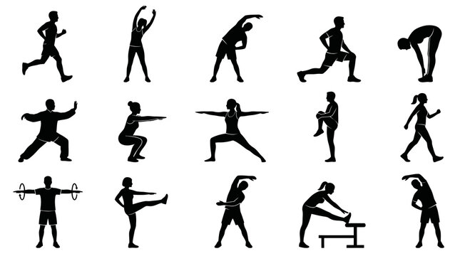 Fitness Exercise Silhouette Icons: Stretching, Warm-up, Workout People Poses Set