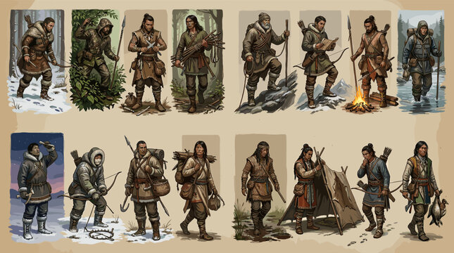 Historical tribal warriors and hunters in traditional clothing with weapons and tools. Detailed character set inspired by ancient cultures and survival lifestyle.