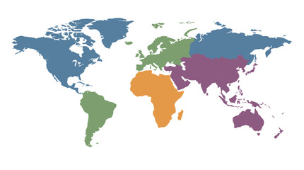 Obraz premium Stylized World Map with Distinct Continent Colors Illustrating Global Regions and International Divisions for Geographic Education and Business Concepts