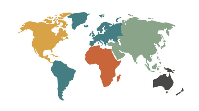 Modern Stylized World Map Illustration Featuring Distinct Continents in Vibrant Solid Colors and a Clean, Minimalist Design for Global Representation