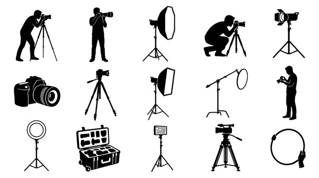 Photography Studio Equipment and Professionals Black and White Icons