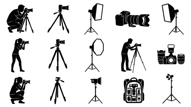 Black  White Icons of Photography Equipment and Professionals