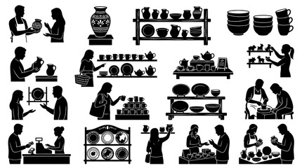 Obraz premium Pottery Industry and Ceramic Craft Black White Silhouettes: Artisans, Shop, and Handmade Goods