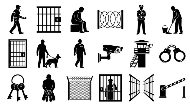 Prison Security Icons: Guard, Jail Cell, Camera, Handcuffs, Barricade - Glyph Art