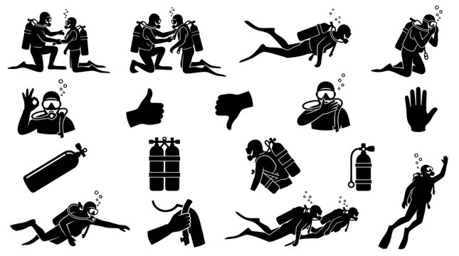 Black  White Glyph Icons of Divers, Scuba Gear and Underwater Activities