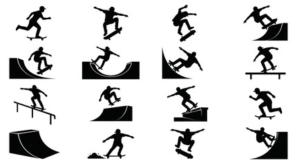 Obraz premium Skateboarding Sports Silhouettes Skateboarder Tricks and Stunts Glyphs Icon Set