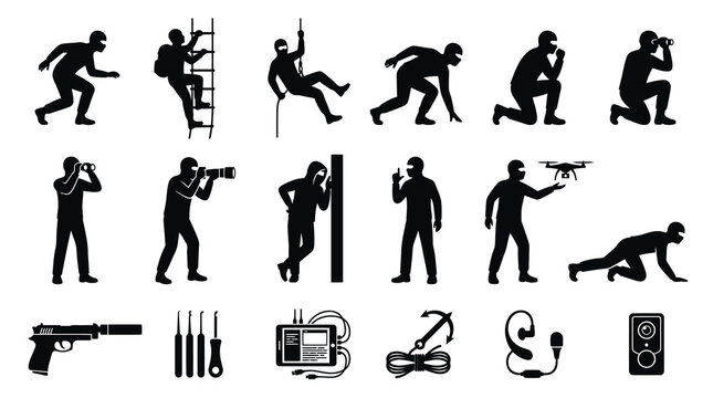 Espionage Security Surveillance Agent Icons Set - Tactical Tools  Spy Gear Silhouettes