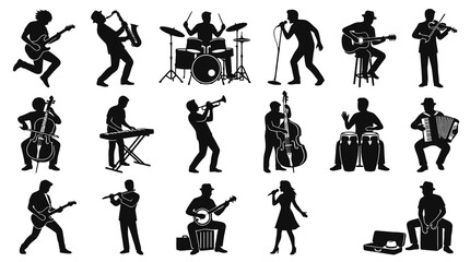 Fototapeta premium Black White Silhouettes of Musicians Playing Various Instruments - Music Vector Art