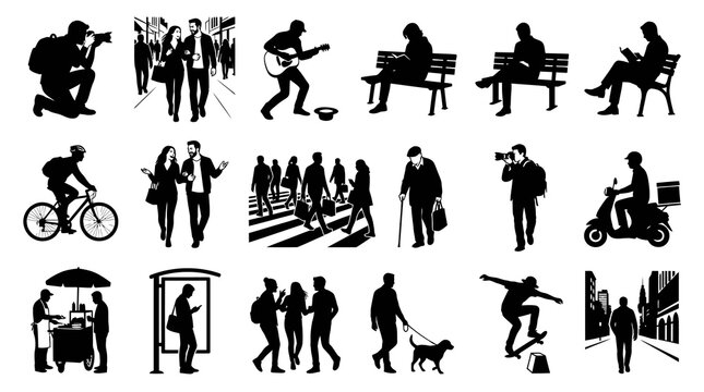 Diverse City Life Silhouettes Vector Set: People Engaged in Daily Activities - Black  White