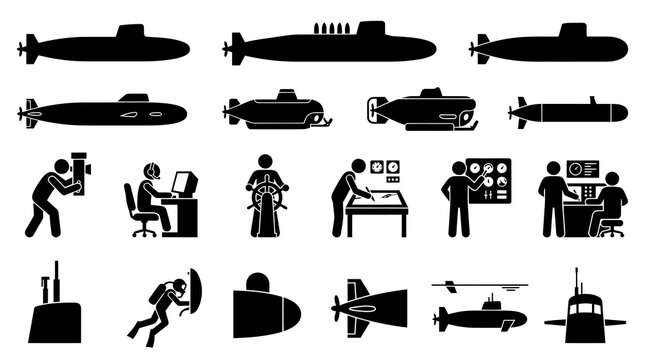 Submarine and U-boat Naval Operations Glyphs - Underwater Vessel, Crew, and Equipment Icons