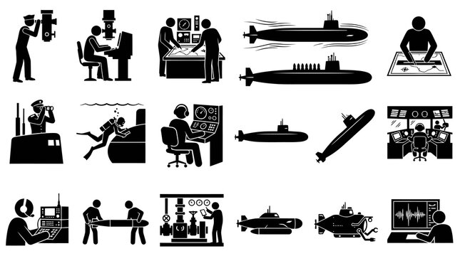 Naval Submarine Operations Glyph Icons Set. Military Crew, Control, Diving, and Underwater Vehicle Vector Silhouettes.