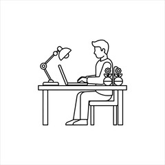 Fototapeta premium Man Working Laptop Desk Lamp Plant Minimal Line Art Vector Illustration