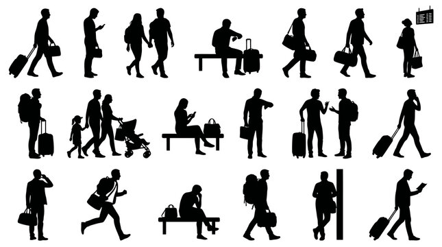 Travelers and Passengers Silhouettes Icons Set - Airport, Public Transport  Luggage
