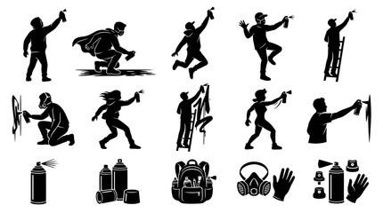 Obraz premium Graffiti Art Black White Silhouettes Spray Paint People Objects