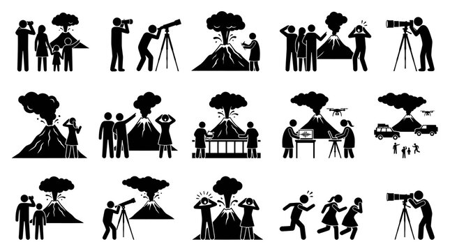 Volcano Eruption Glyph Icons: Observation, Research, and Natural Disaster Reaction