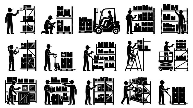 Glyph Icons Set: Warehouse Logistics Workers, Inventory  Supply Chain Operations Silhouettes