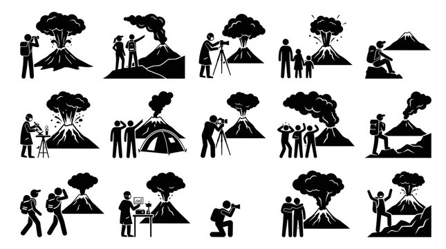 Black  White Glyph Pictograms: People with Volcanic Eruptions, Science, Nature  Adventure