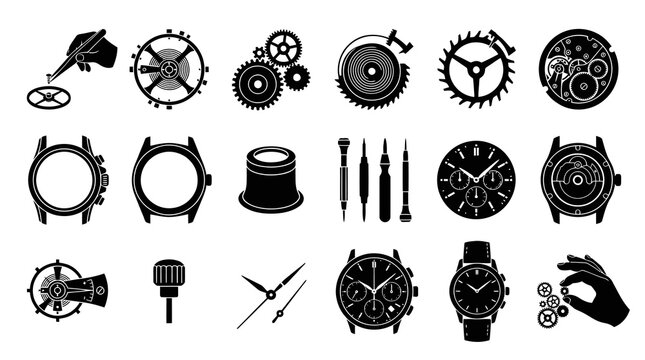 Watchmaking Horology Icons Set - Silhouette of Timepiece Repair Tools, Parts  Watches