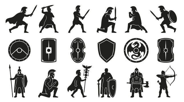 Historical  Fantasy Warriors and Shields Silhouette Vector Icons Collection