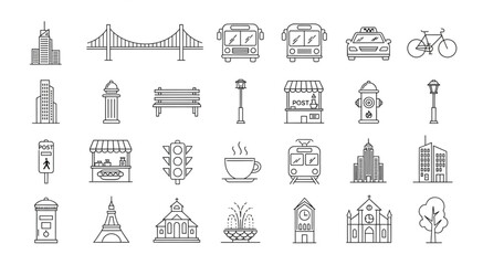 Obraz premium Collection of urban city elements and transportation icons in line art style.