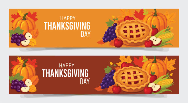 Set of horizontal banners for Thanksgiving Day celebration featuring pumpkins and harvest fruits on a solid background.