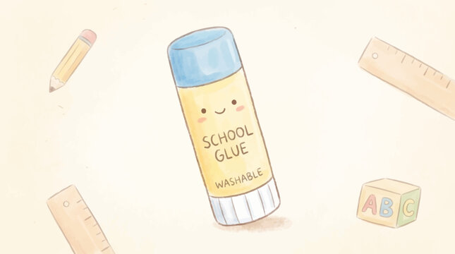 A cute and adorable glue stick with a smiling face, surrounded by school supplies like pencils and rulers, in a whimsical cartoon style