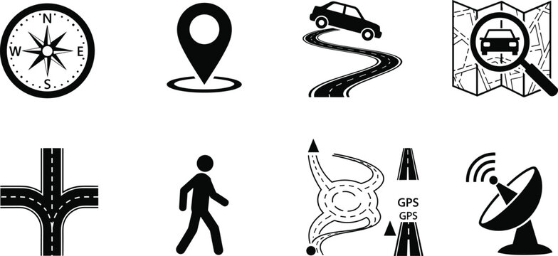 Navigation and map icon set featuring compass location route gps walking direction symbols for travel guidance and wayfinding design
