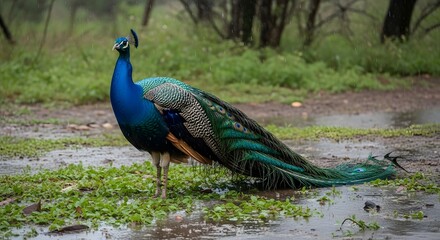 Obraz premium Blue Peacock in Wild Life Habitat, made by Ai