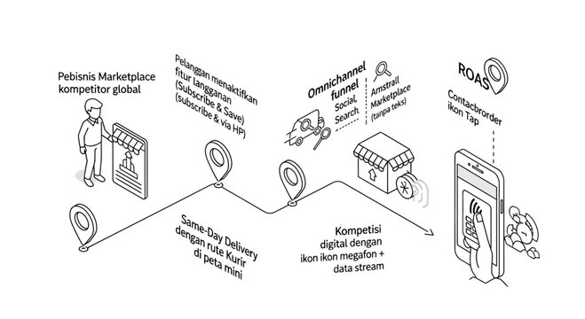 Isometric illustration of e commerce marketing strategy and customer journey