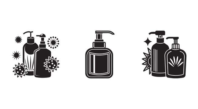 Hand sanitizer bottles with germs and cleanliness illustrations  soap dispensers and virus icons in black and white