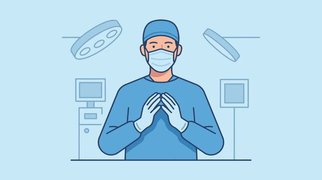 Illustration of a surgeon in a blue scrub suit and mask, standing in an operating room with surgical lights
